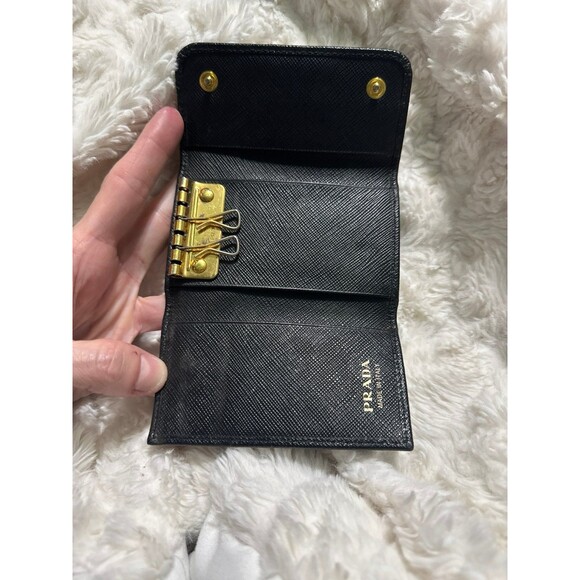 PRADA Leather Logo Wallet Small black Saffiano Compact Key Case Hooks Holder Bow - Picture 4 of 10